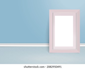 Minimalist layout template for photo presentation. The white picture frame is on the floor against the wall. Empty vector photo frame on the board
