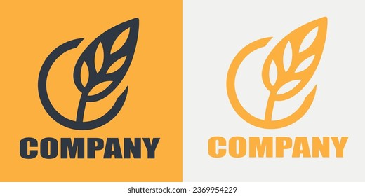 diseño minimalista de vectores de hojas y logo de grano, modelos de plantillas, en forma redondeada sin marcos laterales y dentro de la forma redonda hay un simple dibujo de un logotipo de manipulación de granos de café