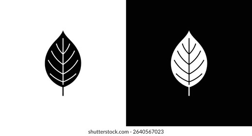 Minimalist leaf icon presented in contrasting black and white versions. Simple design of the plant leaf, featuring a clean and modern aesthetic for versatile use.