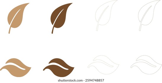 Minimalist leaf icons in various styles and colors (brown, gold, white) with clean silhouettes, perfect for nature-themed, eco-friendly design projects