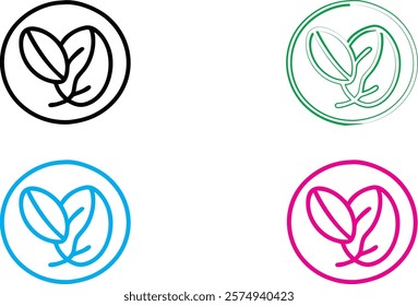 Minimalist leaf logo designs, circular emblems, simple line art, organic shapes, black and white, vibrant colors, cyan blue, magenta pink, forest green, clean geometric outlines, nature-inspired icons