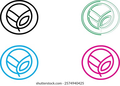 Minimalist leaf logo designs, circular emblems, simple line art, organic shapes, black and white, vibrant colors, cyan blue, magenta pink, forest green, clean geometric outlines, nature-inspired icons