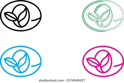 Minimalist leaf logo designs, circular emblems, simple line art, organic shapes, black and white, vibrant colors, cyan blue, magenta pink, forest green, clean geometric outlines, nature-inspired icons