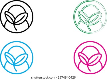 Minimalist leaf logo designs, circular emblems, simple line art, organic shapes, black and white, vibrant colors, cyan blue, magenta pink, forest green, clean geometric outlines, nature-inspired icons