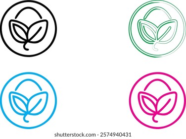 Minimalist leaf logo designs, circular emblems, simple line art, organic shapes, black and white, vibrant colors, cyan blue, magenta pink, forest green, clean geometric outlines, nature-inspired icons