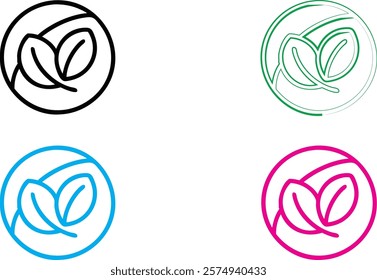 Minimalist leaf logo designs, circular emblems, simple line art, organic shapes, black and white, vibrant colors, cyan blue, magenta pink, forest green, clean geometric outlines, nature-inspired icons