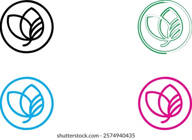 Minimalist leaf logo designs, circular emblems, simple line art, organic shapes, black and white, vibrant colors, cyan blue, magenta pink, forest green, clean geometric outlines, nature-inspired icons