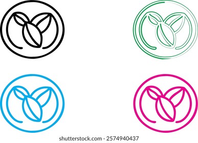 Minimalist leaf logo designs, circular emblems, simple line art, organic shapes, black and white, vibrant colors, cyan blue, magenta pink, forest green, clean geometric outlines, nature-inspired icons