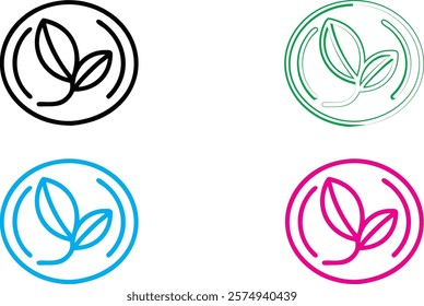 Minimalist leaf logo designs, circular emblems, simple line art, organic shapes, black and white, vibrant colors, cyan blue, magenta pink, forest green, clean geometric outlines, nature-inspired icons