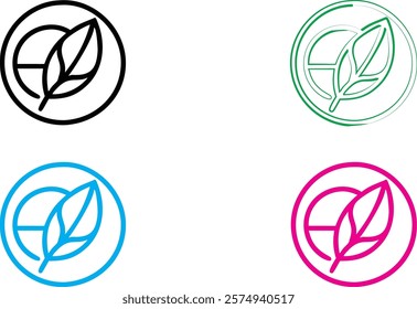 Minimalist leaf logo designs, circular emblems, simple line art, organic shapes, black and white, vibrant colors, cyan blue, magenta pink, forest green, clean geometric outlines, nature-inspired icons