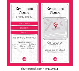 Minimalist leaflet restaurant with food patterns. Contain samples dishes, opening hours, sample location map with adres and site link . Vector illustration eps 10 format.