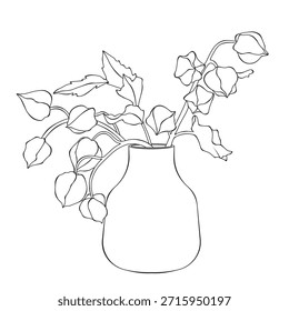 Subgrupos frondosos minimalistas con brotes en jarrón, ilustración de arte de línea botánica elegante