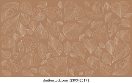 Minimalist leaves seamless pattern. Repeating design element for printing on fabric. Minimalistic white line foliage. Beauty and aesthetics. Natural cosmetics. Linear flat vector illustration