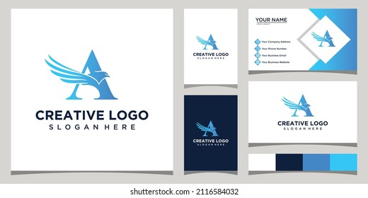 minimalist letter A and bird design logo template with business card design