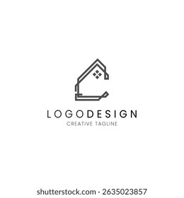 Minimalist letter C house logo in line style for real estate, property and architecture