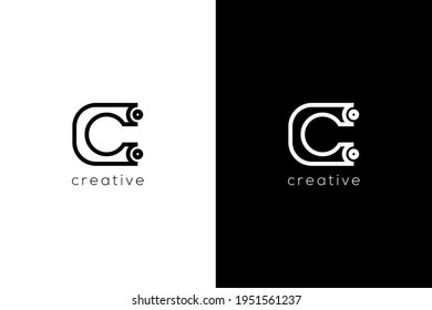 Minimalist Letter C with line and dot technology logotype. Creative vector based icon template.	