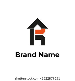 Minimalist letter K real estate logo. Contemporary and abstract logo design featuring bold black and orange geometric shapes with the text 'Brand Name' underneath. Ideal for use in corporate branding 