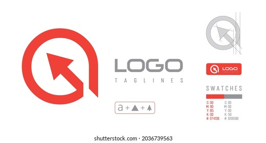 Minimalist letter A logo with an arrow facing upward showing progress made with geometric measurement and shapes Circle, Triangle, and lines with swatches code for branding designs