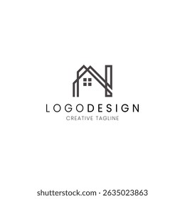 Minimalist letter N house logo in line style for real estate, property and architecture
