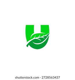Logotipo minimalista de la letra U integrado con una sola hoja. Elegante Vector para el cuidado de la piel, los productos orgánicos y la identidad de marca botánica.