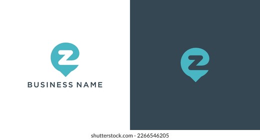 Minimalist letter Z location pin logo, modern map marker, navigation symbol, business branding, corporate identity, blue and white background