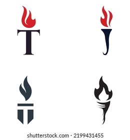 Minimalist liberty torch logo. Torch with a simple shape. Elegant letter T, fire and pillar.