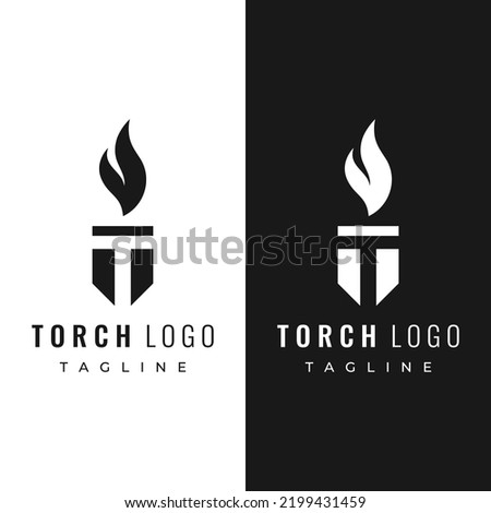 Minimalist liberty torch logo. Torch with a simple shape. Elegant letter T, fire and pillar.