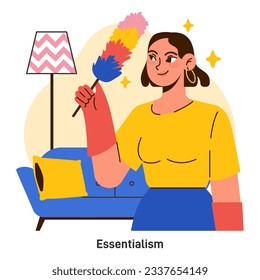 Minimalist lifestyle. Essentialism. Simple and restrained living practice. Modern trendy idea of decluttering a living space. Sustainable and mindful consumption. Flat vector illustration