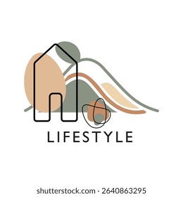 Minimalist lifestyle logo with a house outline and abstract organic shapes, representing harmony with nature and modern living.