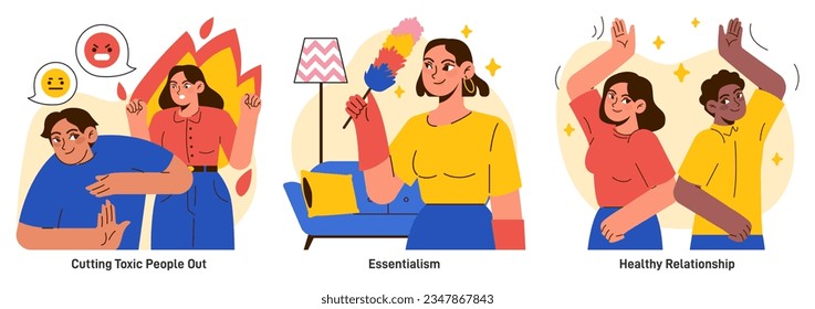 Minimalist lifestyle set. Simple and restrained living practices. Modern trendy idea of decluttering a living space and routine. Sustainable and mindful consumption. Flat vector illustration