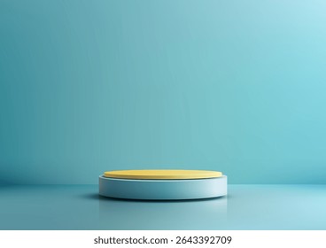 minimalist light blue cylindrical podium with subtle yellow top on reflective surface, product display, mockup, or showroom in modern 3d isolated on matching background