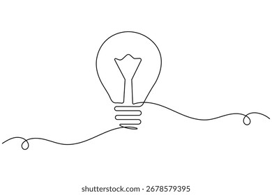 Minimalist light bulb continuous one line drawing on white background, symbol of creativity and innovation