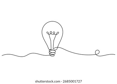 Minimalist light bulb continuous one line drawing on white background, perfect for creative design and modern illustration projects