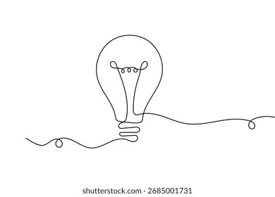 Minimalist light bulb continuous one line drawing on white background, perfect for creative design and modern illustration projects