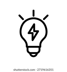 Ícone de lâmpada minimalista com um símbolo de raio dentro, representando energia, eletricidade, ideias de energia, inovação e soluções inteligentes