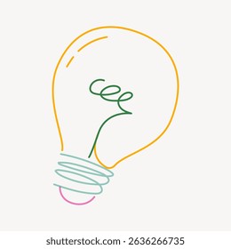Minimalist light bulb illustration with simple lines. Light bulb design features yellow, green, and pink lines. Creative light bulb concept on a white background. Line art illustration vector.