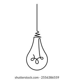 Minimalist Light Bulb Outline Vector Illustration.  The design features a simple, clean representation of a classic bulb shape with a long filament wire extending upward.
