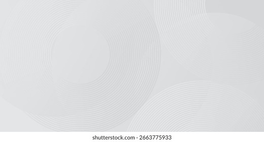 Fundo abstrato cinza claro minimalista com sobreposição de formas circulares e linhas concêntricas finas. Design elegante e moderno ideal para apresentações, banners, cartazes.