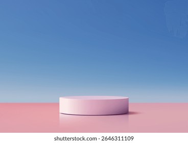 Pódio circular rosa claro minimalista centrado em uma superfície rosa macia com um fundo azul claro, maquetes de produtos, exibições de moda ou apresentações artísticas em uma estética limpa e serena