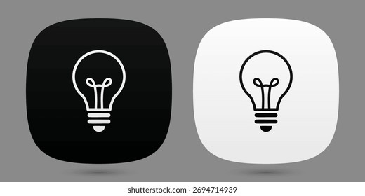 Minimalist lightbulb icon in two versions: white on black and black on white. Perfect for ideas, creativity, innovation, startups, thinking, brainstorming, and UI design. Fully scalable vector.