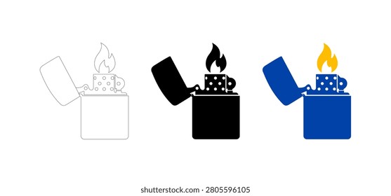 Minimalist flip‑top lighter vector illustration set, outline, solid black, vibrant blue flame design, modern graphic art icon collection