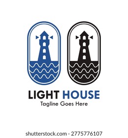 Minimalist lighthouse logo design with ocean waves inside an oval frame, representing safety, guidance, coastal maritime navigation, and professional search light identity.