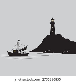 Minimalist lighthouse on rocky hill with fishing boat silhouette on calm sea. Night maritime scene with soft lights, flat vector illustration, modern and elegant nautical design