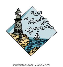 Minimalist Lighthouse Vector Illustration – Ocean Background