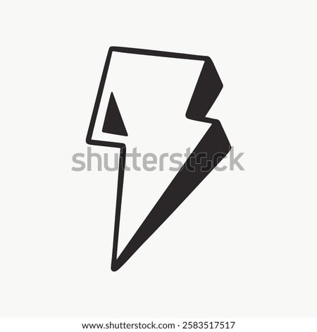 Minimalist lightning bolt icon, black and white, sharp edges, simple design. Lightning bolt symbol, bold and striking, in a clean, minimalist style. Funky vector illustration.