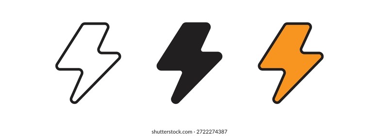 Minimalist lightning strike symbol in three styles, perfect for electric power, fast charging, high voltage energy, and weather related designs.