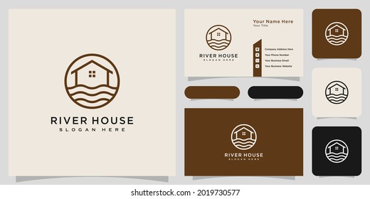 Minimalist line abstract house with river logo design