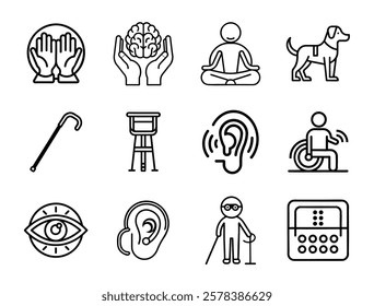 Minimalist line art accessibility icons representing disability, support, and inclusivity for universal design.







