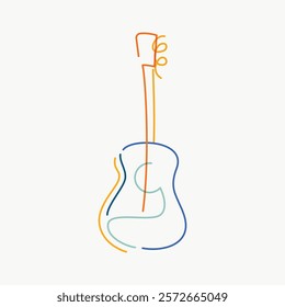 Minimalist line art of an acoustic guitar. Simple guitar design with colorful lines. Artistic guitar illustration with a modern, minimalist style. Doodle vector illustration isolated on white.