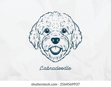 A minimalist line art of an adorable labradoodle puppy dog in hand-drawn pen ink and pencil style against a crinkl paper background for greeting cards, printables, posters, pet frames, social media.